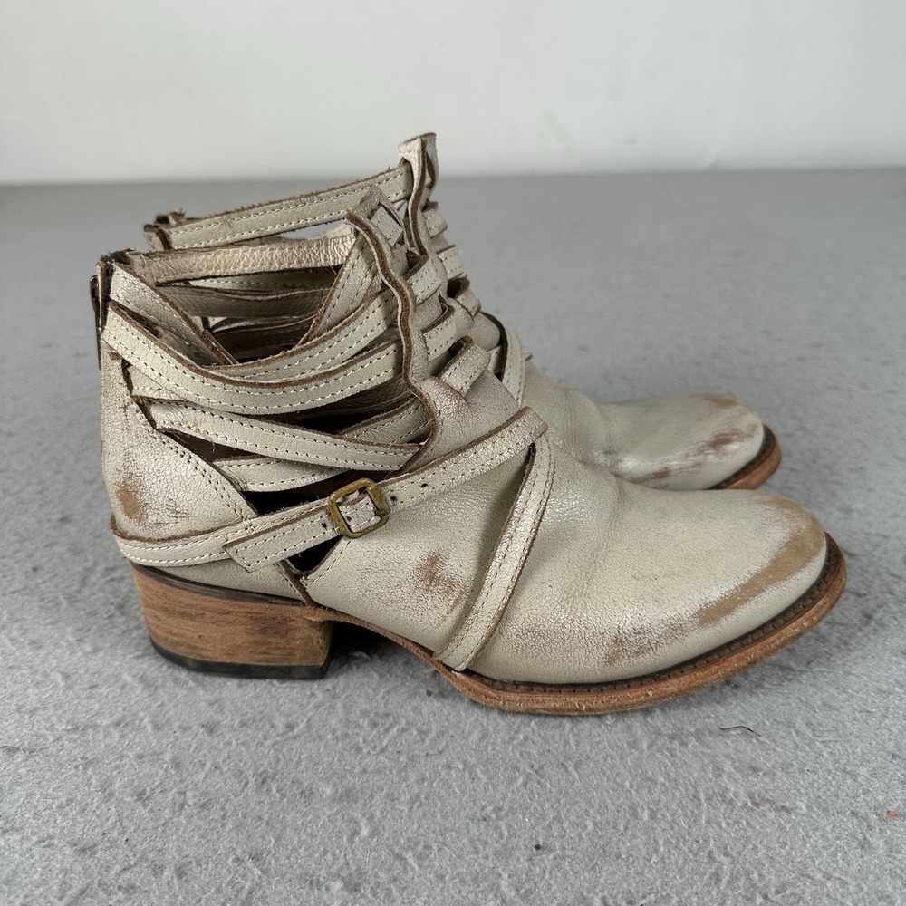 Freebird By Steven Stair Strappy Booties Size 7 White Distressed Leather